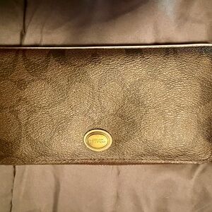 Coach Dark Brown Leather Clutch with Gold Accent
